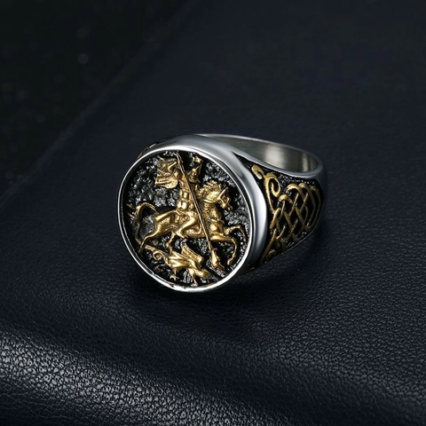 Vintage Sint Joris die de Draak Verslaat Ridder Zegelring Heren Titaniumstaal Keltische Knoop Goud Zilver Tweekleurig Sieraden
