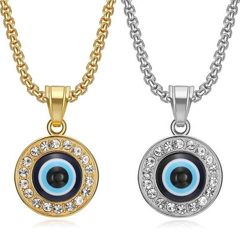 Hip Hop Stainless Steel Evil Eye Pendant Necklace With Rhinestones Turkish Nazar Amulet Jewelry For Men Women