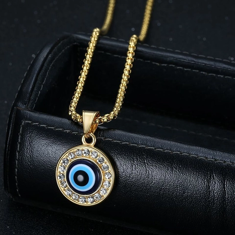 Hip Hop Stainless Steel Evil Eye Pendant Necklace With Rhinestones Turkish Nazar Amulet Jewelry For Men Women