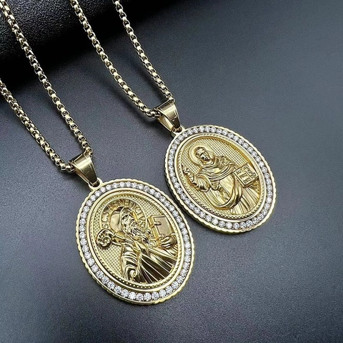 Hip Hop Roestvrij Staal Sint Benedictus Figuur Reliëf Hanger Halsketting Verguld Strass Pavé Religieuze Sieraden Heren