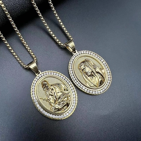 Collar de Pendiente Ovalado de Acero Inoxidable Chapado en Oro al Vacío Con Figura Religiosa en Relieve y Strass Para Hombre Mujer Joyería Hip Hop