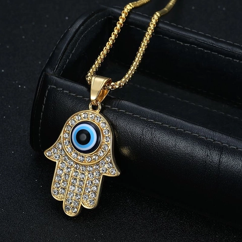 Hiphop Stainless Steel Gold Plated Hamsa Hand Pendant Necklace Evil Eye Rhinestone Inlaid Bohemian Style Jewelry Men Women