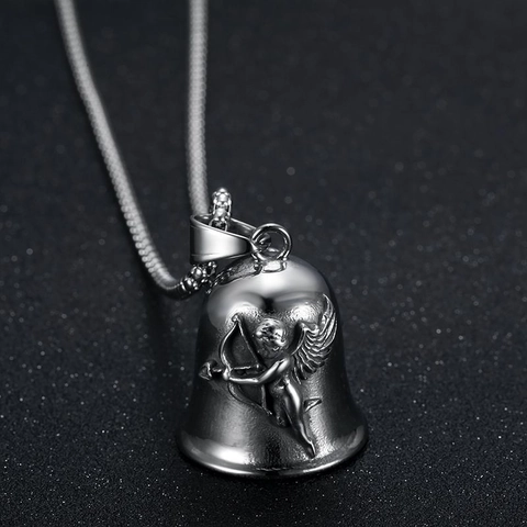 Retro Punk Titanium Steel Angel Cupid Relief Bell Pendant Necklace For Unisex Gothic Biker Jewelry Fashion Gift