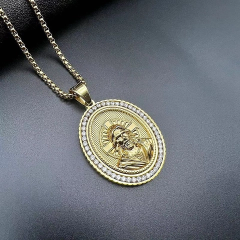 Hip Hop Roestvrij Staal Zirconia Jezus Heilige Reliëf Ovalen Hanger Ketting Vintage Vergulde Religieuze Sieraden Voor Heren Dames
