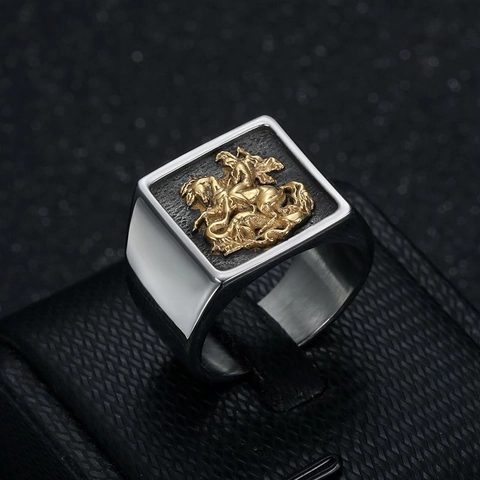 Medieval Saint George Slaying The Dragon Signet Ring Stainless Steel Retro Knight Embossed Two Tone Jewelry For Men Gift