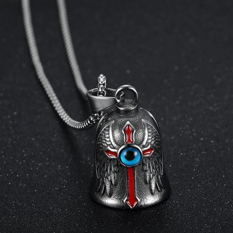 Collana con Pendente a Campana con Croce e Ali Gotica in Acciaio Inossidabile Retro Malocchio Blu Punk per Uomo