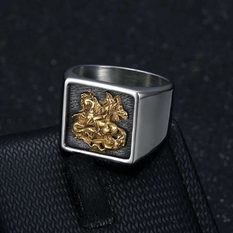 Medieval Saint George Slaying The Dragon Signet Ring Stainless Steel Retro Knight Embossed Two Tone Jewelry For Men Gift