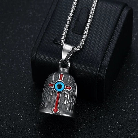 Collana con Pendente a Campana con Croce e Ali Gotica in Acciaio Inossidabile Retro Malocchio Blu Punk per Uomo