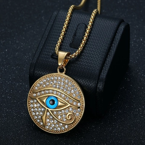 Hip Hop Stainless Steel Eye Of Horus Pendant Necklace Gold Plated Pave Rhinestone Egyptian Religious Style Jewelry For Unisex