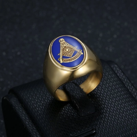Anello Massonico a Sigillo per Uomo in Acciaio Inossidabile Smalto Blu Squadra e Compasso Vintage Oro Argento Placcato Gioielli