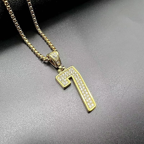 Hip-Hop Edelstahl Nummer 7 Anhänger Halskette Vollbesetzt Strass Herren Damen Streetstyle Schmuck Zubehör Geschenk