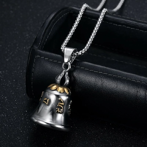 Collana con Pendente a Campana in Acciaio al Titanio Vintage Bicolore Placcato Oro Mantra Sanscrito a Sei Caratteri