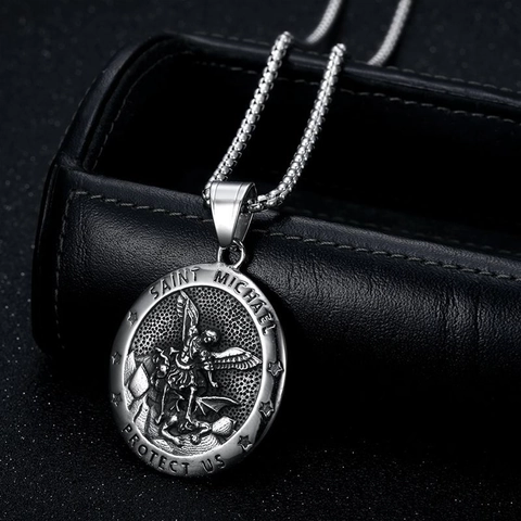 Vintage St Michael Erzengel Schütze Uns Anhänger Halskette Edelstahl Titanstahl Religiöser Hip Hop Schmuck
