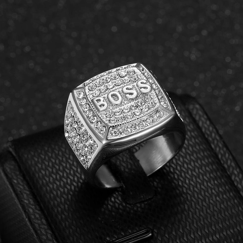Anello Hip Hop in Acciaio al Titanio con Lettera BOSS per Uomo Anello Punk Quadrato Galvanizzato Oro Argento Personalizzato Gioielli