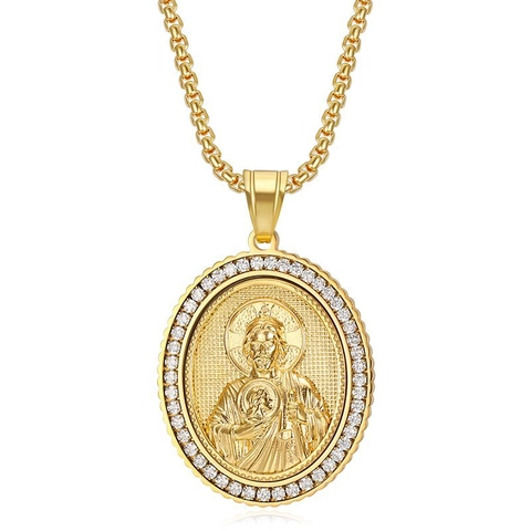 Collana Con Ciondolo Religioso San Giuda Hip Hop in Acciaio Inossidabile Placcato Oro Rilievo Gesù Strass Intarsiato Gioielli Uomo