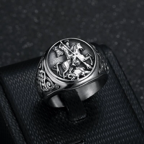 Vintage Titaniumstaal Sint Joris Draak Ridder Zegelring Voor Heren Retro Mode Gepolijst Reliëf Band Ring Sieraden