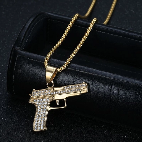 Collana con Pendente a Forma di Pistola in Acciaio Inossidabile con Strass Hip Hop Gioielli da Uomo Galvanizzati per Feste