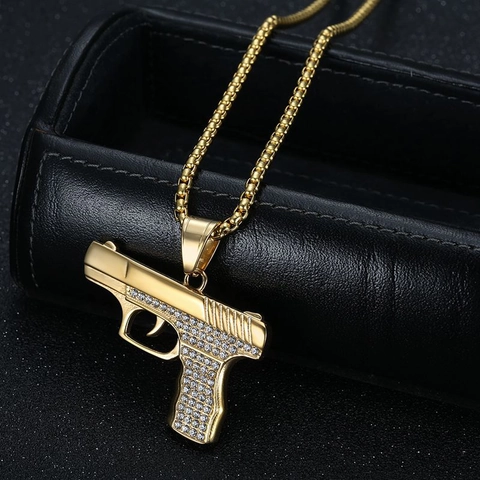 Hip Hop Stainless Steel Pave Rhinestone Pistol Shape Pendant Necklace For Men Women Iced Out Simulation Gun Jewelry No Chain Pendant