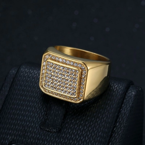 Uomo Hip Hop Acciaio al Titanio Anello con Sigillo Quadrato Pavé di Strass Oro Argento Galvanizzato Trendy Maschile Fascia Gioielli