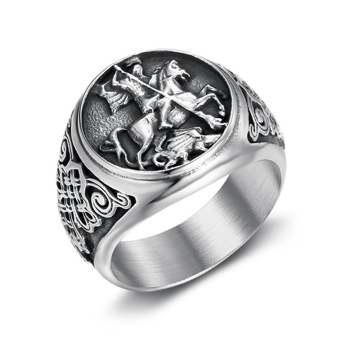 Vintage Titaniumstaal Sint Joris Draak Ridder Zegelring Voor Heren Retro Mode Gepolijst Reliëf Band Ring Sieraden
