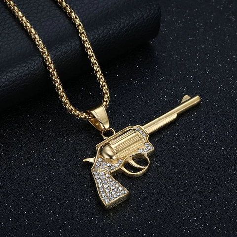 Hip Hop Titanium Staal Revolver Pistool Hanger Ketting Strass Iced Out Sieraden Goud Zilver Pistool Kettingen Voor Mannen Vrouwen
