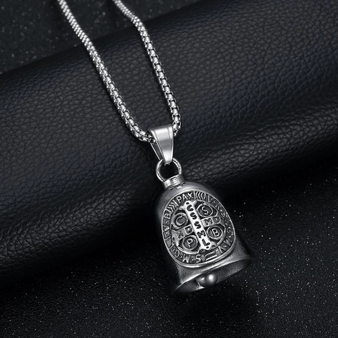 Collana con Pendente a Campanello Medaglia di San Benedetto Uomo Acciaio al Titanio Vintage Religioso Biker Punk Hip Hop Gioielli