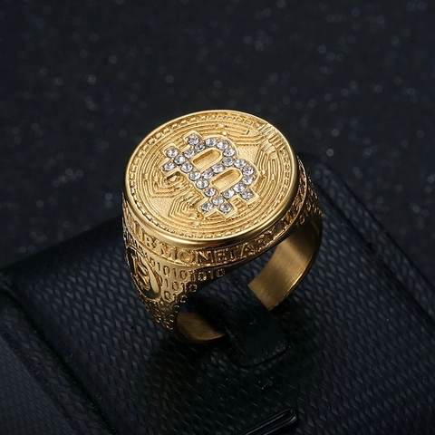 Anello Bitcoin Hip Hop da Uomo Placcato in Oro Acciaio Inossidabile con Strass Intarsiato Anello Punk Gioielli per Uomo Festa