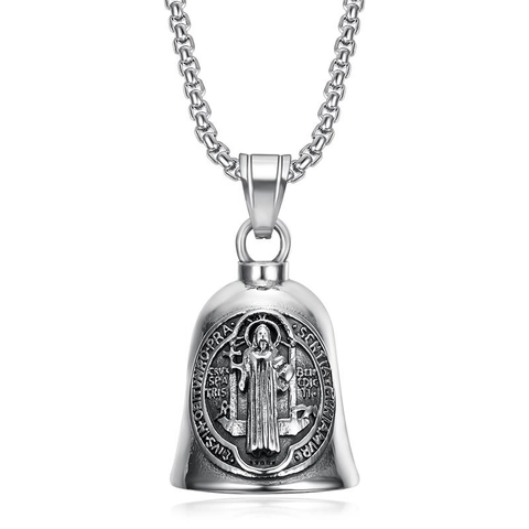 Collana con Pendente a Campanello Medaglia di San Benedetto Uomo Acciaio al Titanio Vintage Religioso Biker Punk Hip Hop Gioielli