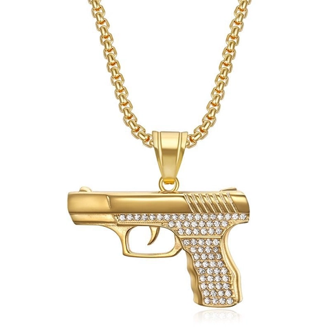 Hip Hop Stainless Steel Pave Rhinestone Pistol Shape Pendant Necklace For Men Women Iced Out Simulation Gun Jewelry No Chain Pendant