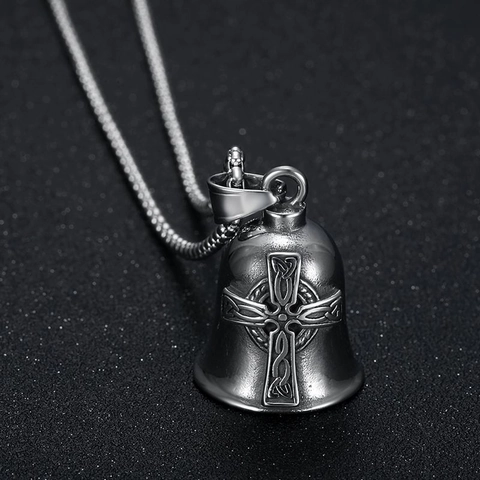 Vichingo Croce Celtica Campana Guardiana Collana Vintage Acciaio al Titanio Ciondolo Campanella Nordico Amuleto Portafortuna Gioielli Biker Uomo Unisex