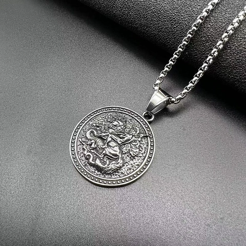 Vintage Sint Joris Draak Ridder Reliëf Hanger Halsketting Middeleeuws Titaniumstaal Ronde Box Ketting Sieraden Voor Unisex
