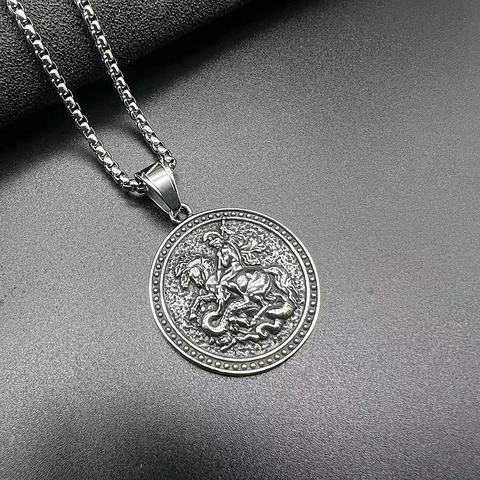 Vintage Sint Joris Draak Ridder Reliëf Hanger Halsketting Middeleeuws Titaniumstaal Ronde Box Ketting Sieraden Voor Unisex