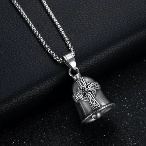 Vichingo Croce Celtica Campana Guardiana Collana Vintage Acciaio al Titanio Ciondolo Campanella Nordico Amuleto Portafortuna Gioielli Biker Uomo Unisex