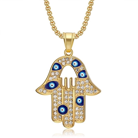 Collana con Ciondolo Mano di Fatima Malocchio Hip Hop in Acciaio al Titanio Placcato Oro per Uomo Donna Gioielli Amuleto Strass