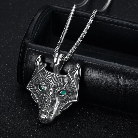 Collar de Colgante de Cabeza de Lobo Vikingo Nórdico Acero Inoxidable Nudo Celta Retro Con Ojos de Diamante de Imitación Verde