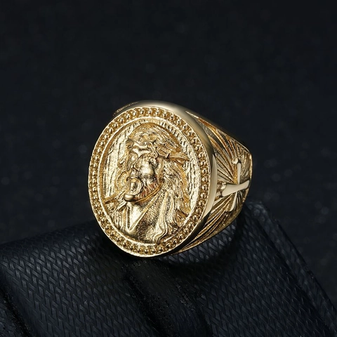 Men's Hip Hop Jesus Head Relief Cross Ring Titanium Steel Vacuum Gold Plated Religious Punk Vintage Finger Jewelry