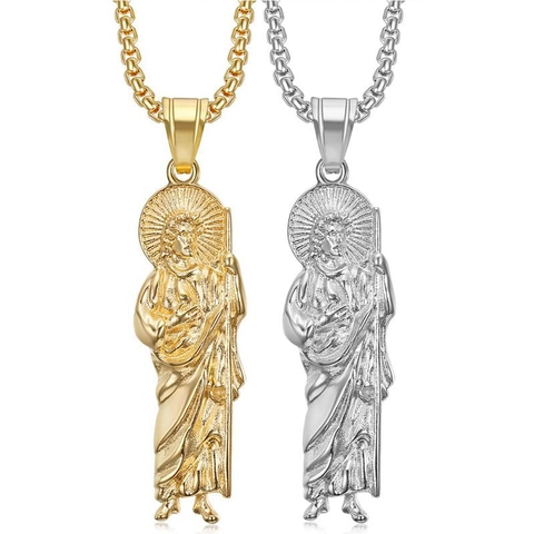 Heiliger Judas Religiöser Anhänger Halskette Edelstahl Hip Hop Vergoldet Geprägte Heiligenfigur Schmuck Für Herren Damen