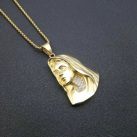 Hip Hop Vergulde Roestvrijstalen Maagd Maria Hanger Ketting Met Ingelegde Strass Religieuze Sieraden Voor Mannen Vrouwen