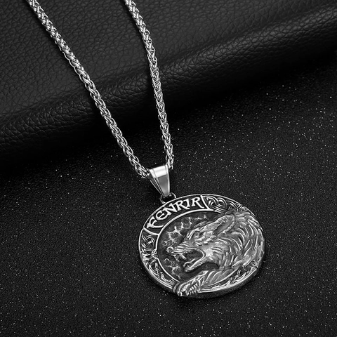 Collana con Pendente Testa di Lupo Fenrir Vichingo Acciaio al Titanio Gioielli Mitologia Nordica Uomo Retrò Oro Argento
