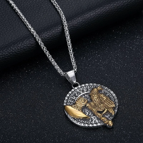 Collana con Ciondolo Vichingo Corvo Ascia Odin per Uomo in Acciaio al Titanio Retro Rune Norrene Totem Mitologico Gioielli
