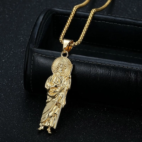 Heiliger Judas Religiöser Anhänger Halskette Edelstahl Hip Hop Vergoldet Geprägte Heiligenfigur Schmuck Für Herren Damen