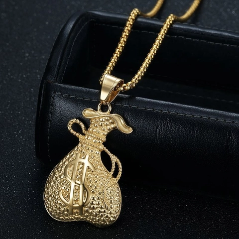 Collana con Ciondolo a Sacco di Soldi in Acciaio Inossidabile Hip Hop Segno del Dollaro Strass Gioielli per Uomo Donna Oro Argento