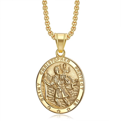 Saint Christopher Protect Us Roestvrijstalen Hanger Ketting Vintage Religieuze Ovale Ronde Medaillon Voor Heren Dames Sieraden
