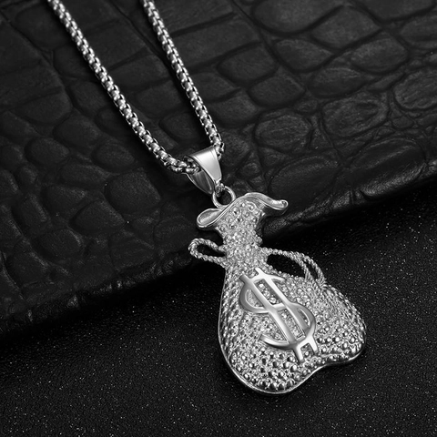 Collana con Ciondolo a Sacco di Soldi in Acciaio Inossidabile Hip Hop Segno del Dollaro Strass Gioielli per Uomo Donna Oro Argento