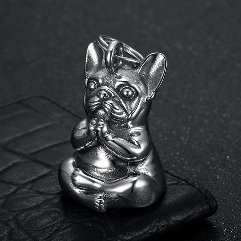 Pendaglio in Acciaio Inossidabile Bulldog Francese Meditante Campanello Guardian per Moto Stile Punk Animale Portachiavi Gioielli