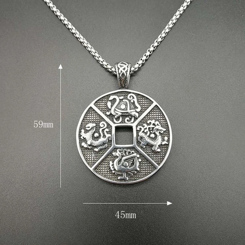 Vintage Chinese Vier Gunstige Beesten Ronde Hanger Ketting Gepolijst Titanium Staal Mythische Dieren Munt Sieraden Unisex