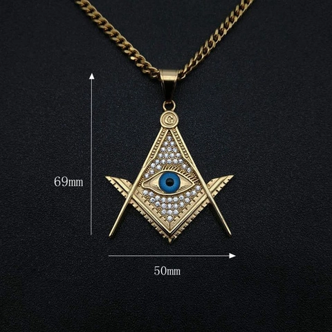 Hip Hop Titanium Steel Masonic All Seeing Eye Pendant Necklace Gold Plated Rhinestone Triangle Compass G Jewelry For Men