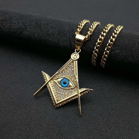 Hip Hop Titanium Steel Masonic All Seeing Eye Pendant Necklace Gold Plated Rhinestone Triangle Compass G Jewelry For Men