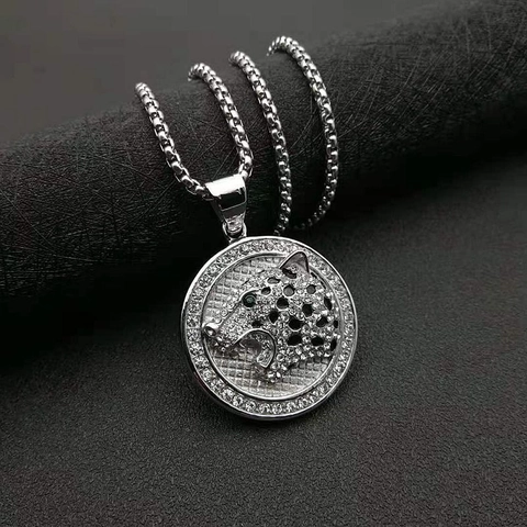 Collana con Ciondolo a Testa di Pantera in Acciaio Inossidabile Hip Hop con Strass Intarsiato Medaglione Rotondo Gioielli Oro Argento