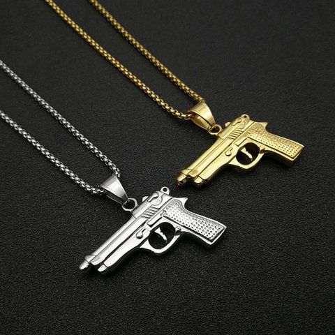 Hip Hop Stainless Steel M9 Pistol Shape Pendant Necklace For Men Women Gold Silver Plated Gun Pendant Punk Jewelry No Chain